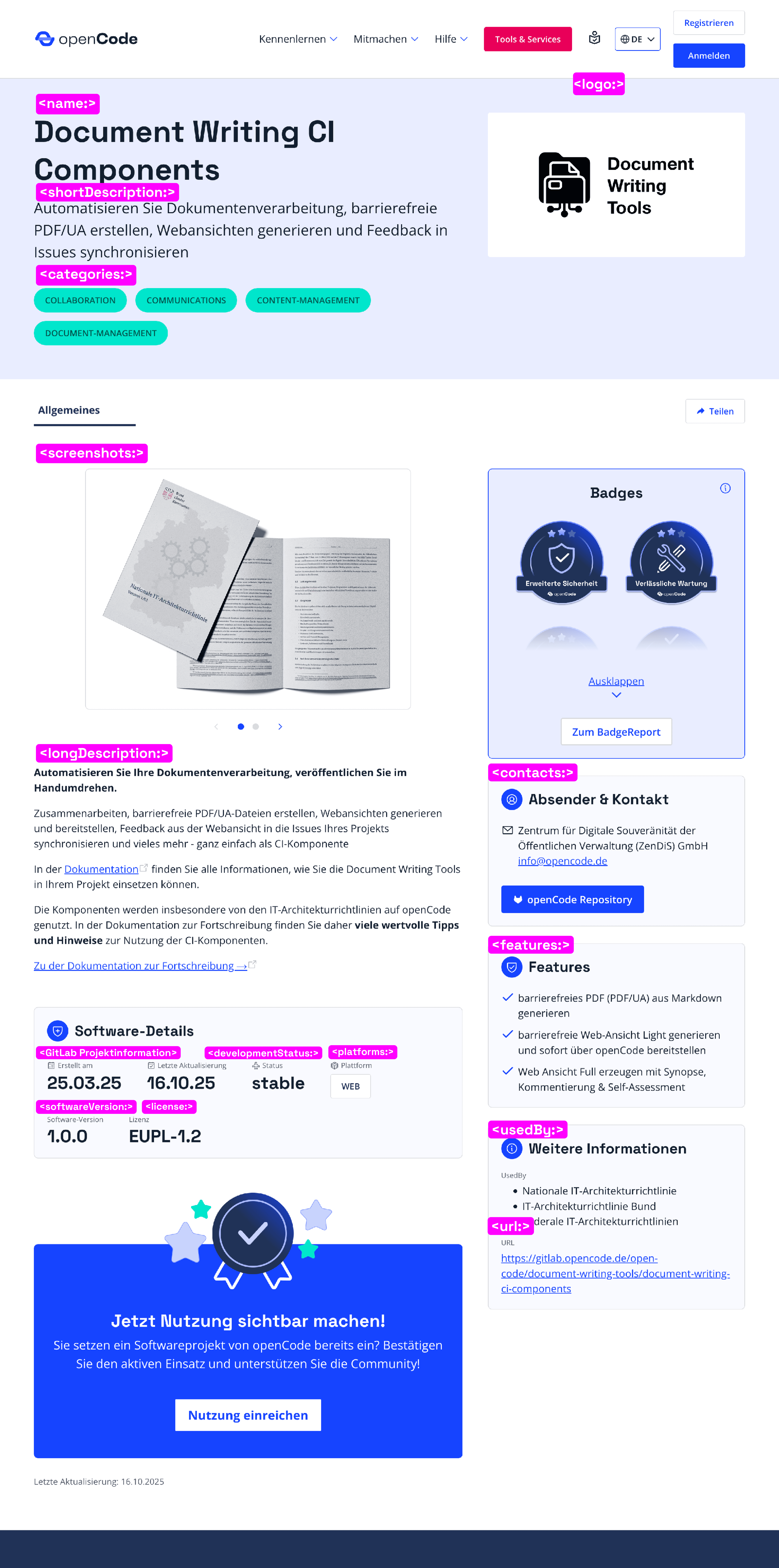 Screenshot eines Eintrages im Softwareverzeichnis